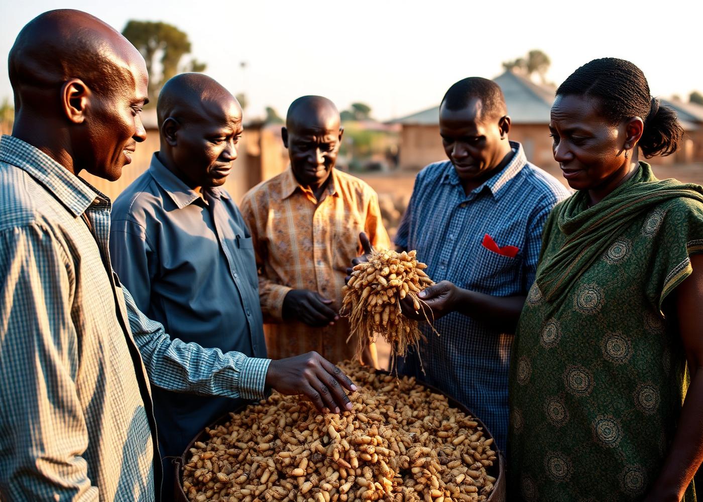 Farmers inspecting harvested commodities
