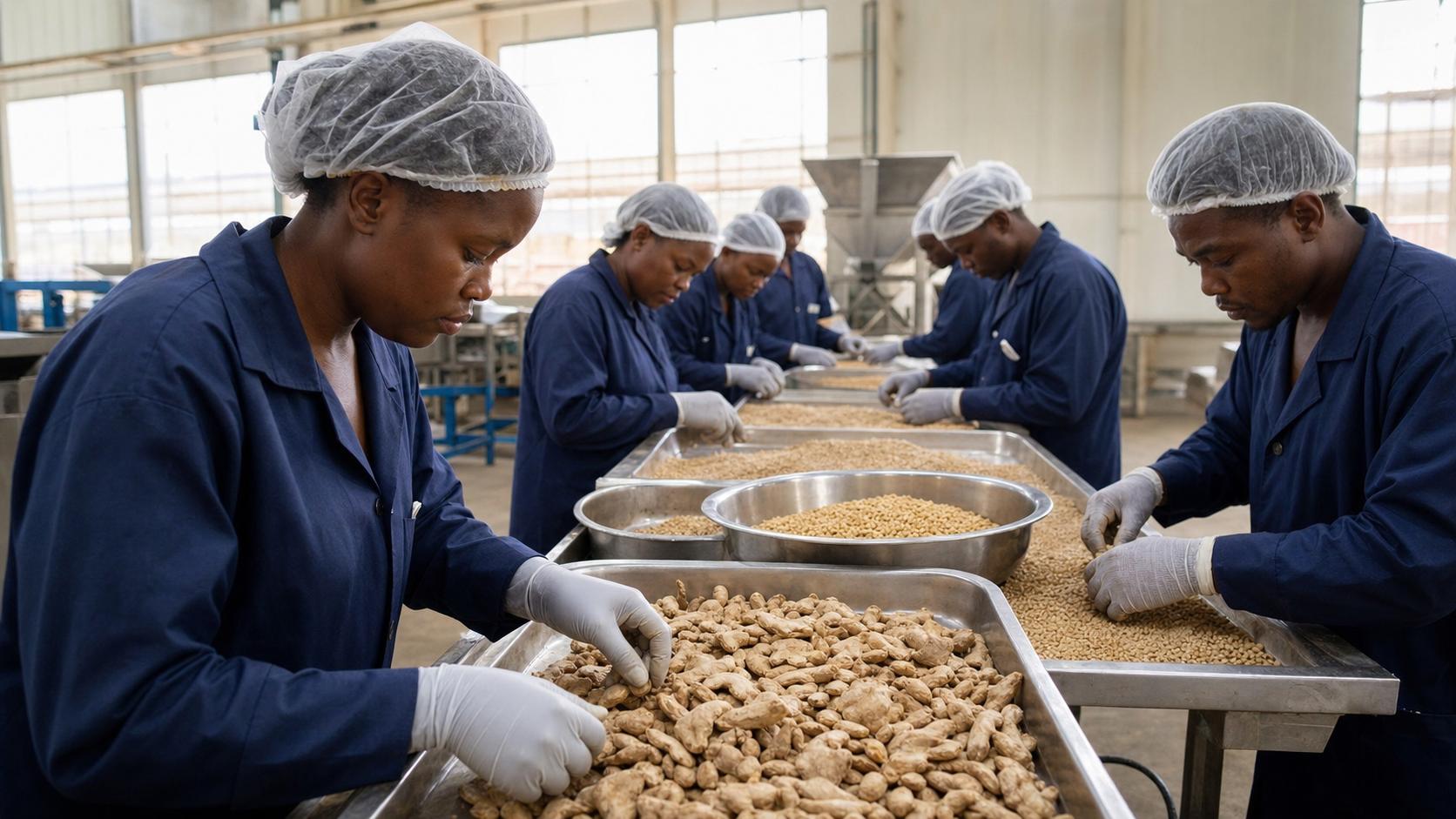 Workers sorting and grading commodities on stainless tables